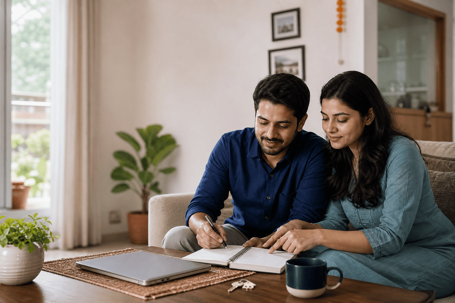 A couple reviewing a household loan plan together